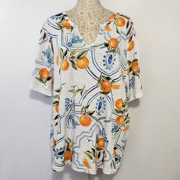 Chico's Women's Size 3/16 Tropical Print Short Sleeve Notched Neck Cotton Tee - Picture 3 of 16